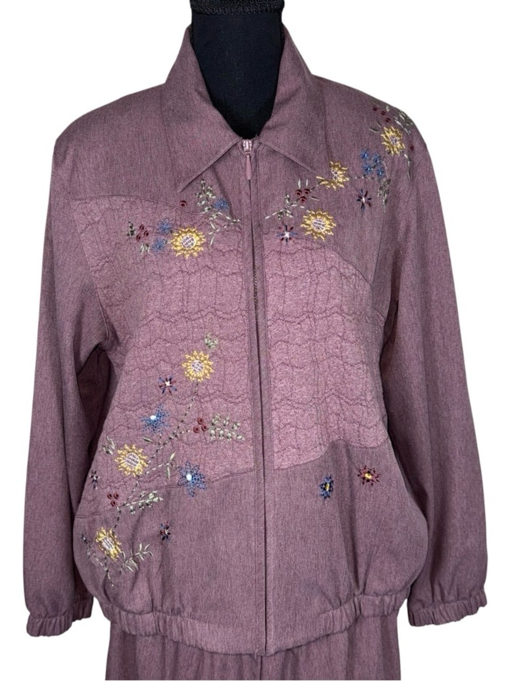 Vintage Floral Embroidered Jacket & Pant Set Purple Cottagecore Grandma Sz 14P